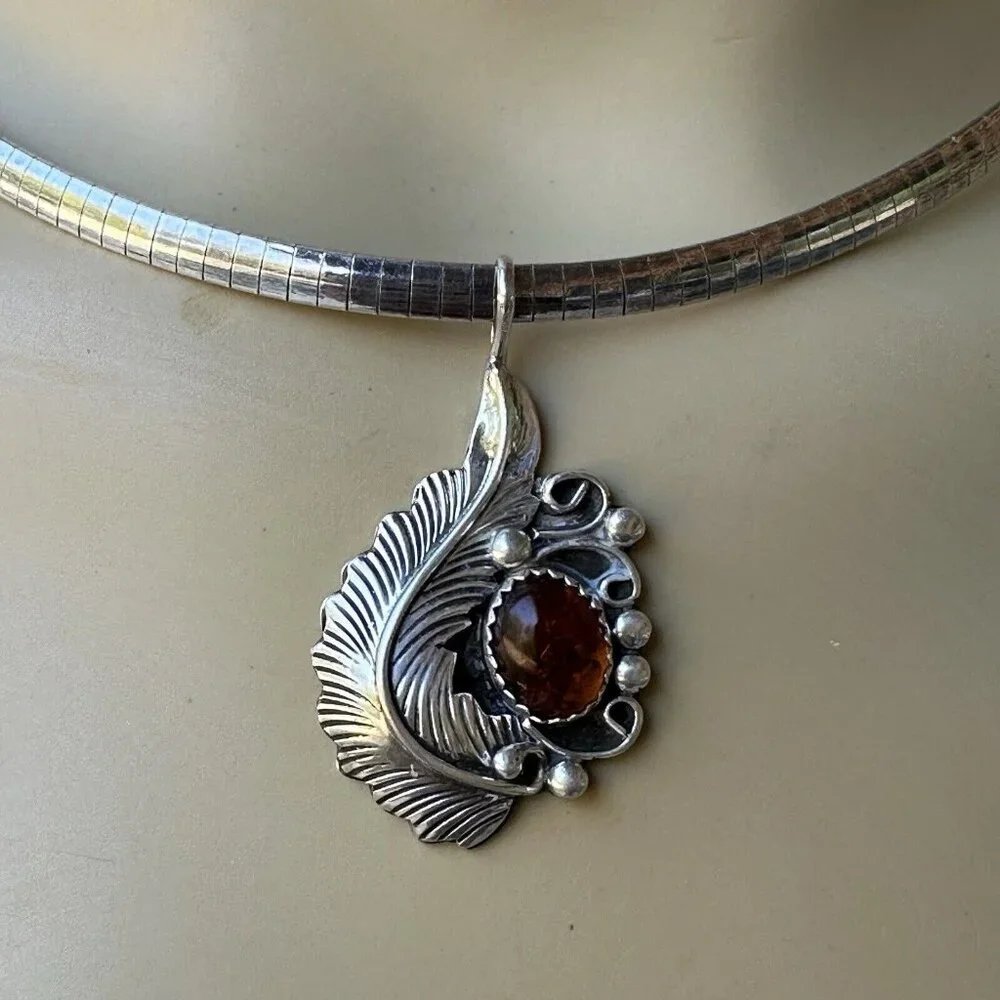 VTG Artisan John W Kessler Pendant Necklace 16 Inch Amber Gem 925 Sterling 23.6g